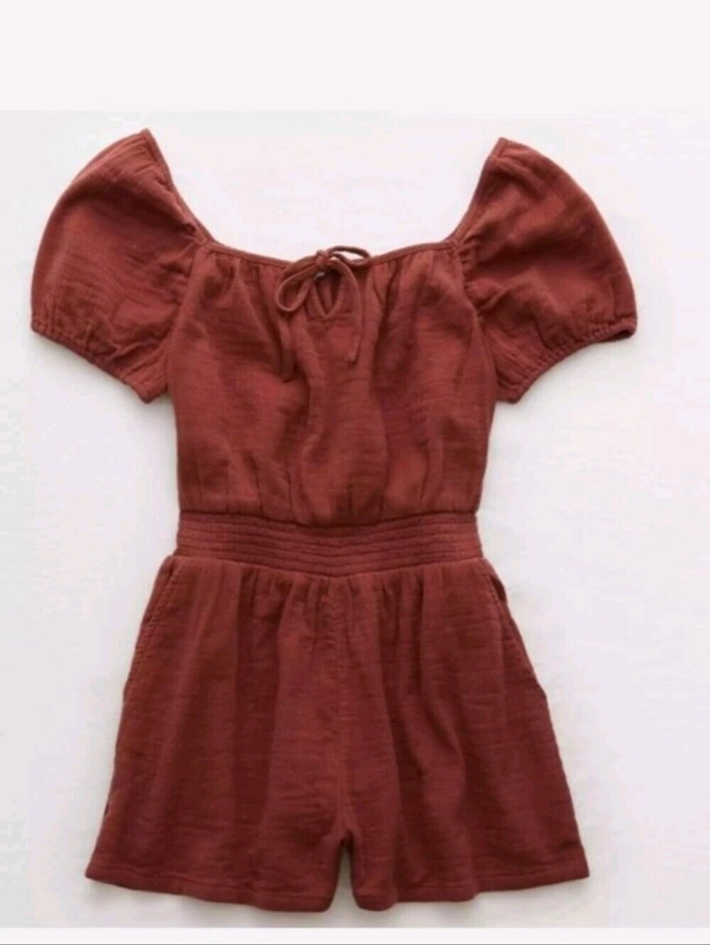 Aerie Womens Brown Puff Sleeve Guazy Short Casual Summer Resortwear Romper M